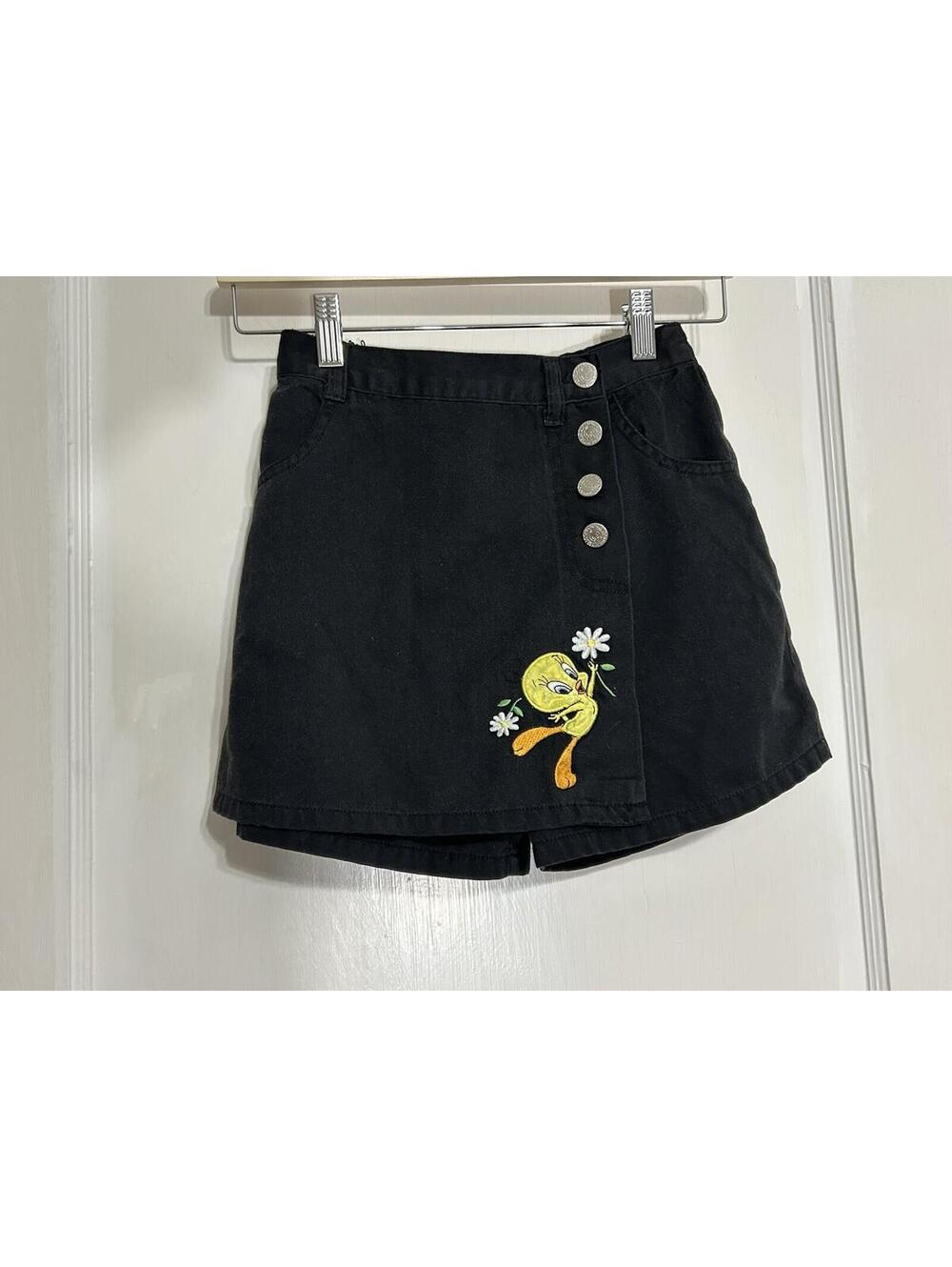Vintage ‘96 Youth 6x Looney Tunes Tweety Bird Black Denim Skort Skirt Girls Kids